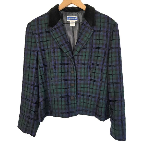 Pendleton Vintage Plaid Wool Blend Jacket Blue Green Black Sz 12 - Picture 1 of 3